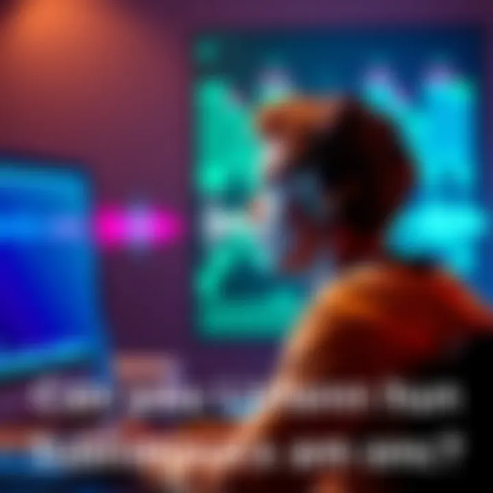 Listening to Subliminals Person wearing headphones while listening to subliminal messages on a computer, with audio waves in the background.