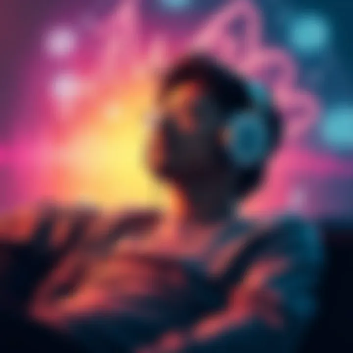 A person using headphones while relaxing with various audio waves around them, symbolizing multiple subliminals for skin and eyesight improvement.