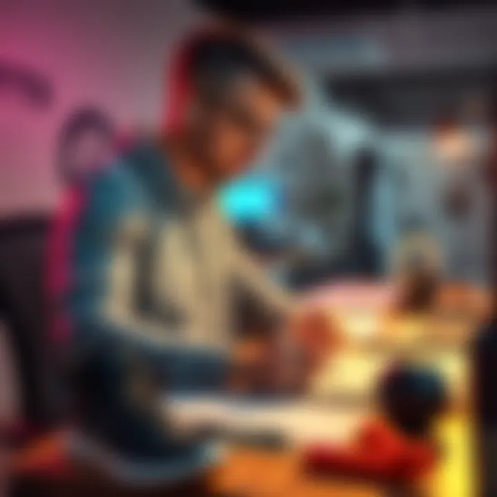 A person wearing earphones while balancing work and study tasks on a desk with fitness gear nearby
