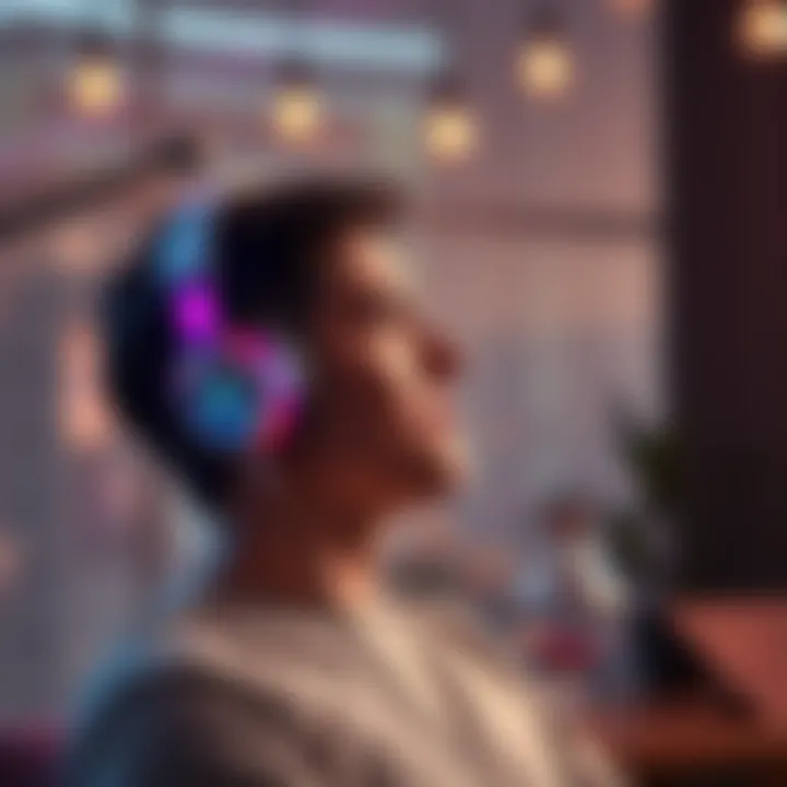 A person wearing headphones while reflecting on their experience with hourglass subliminals, surrounded by a calming environment with soft lighting.