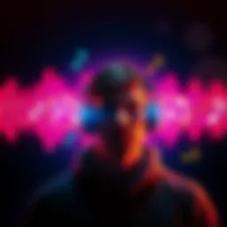 A person wearing headphones, surrounded by colorful sound waves and music notes, representing binaural beats and subliminal audio.