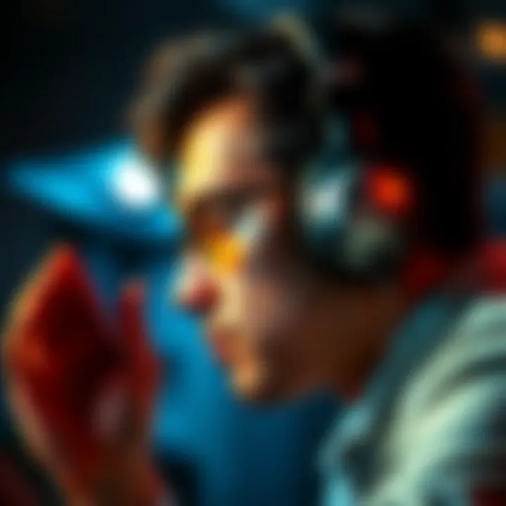 A person with headphones focused on listening to a tape, showing concentration and engagement.