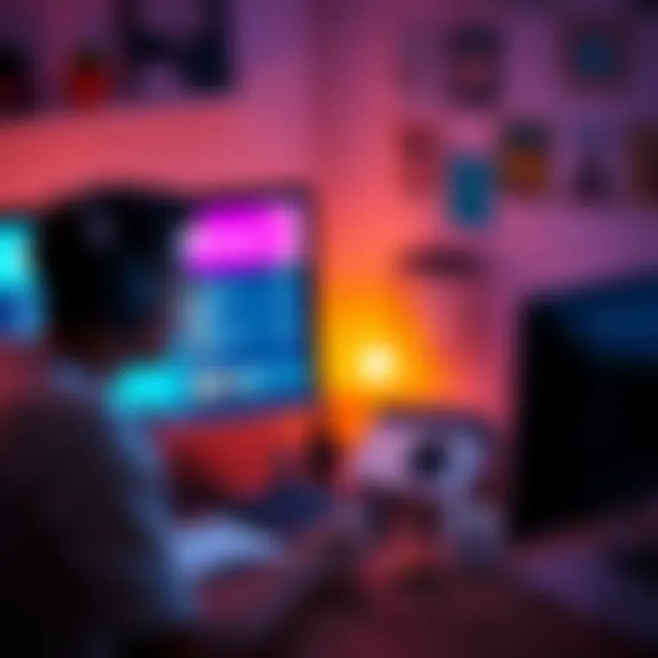 A person wearing headphones while focused on a computer screen with a subliminal playlist open, surrounded by notes and items for motivation.