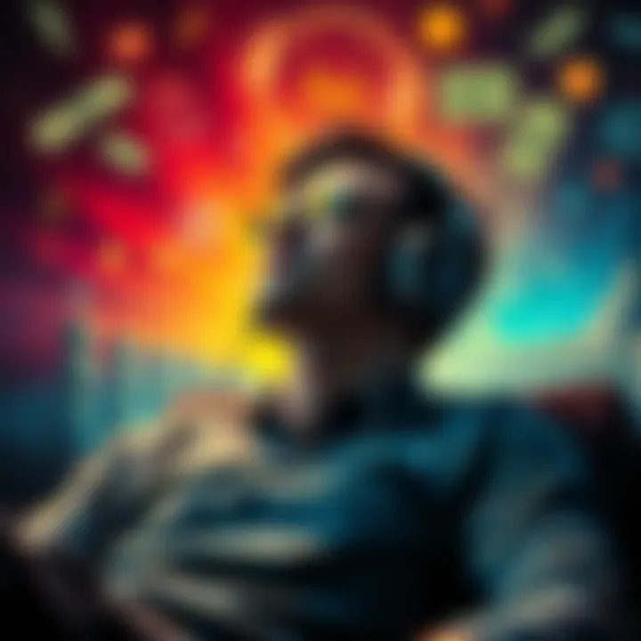 A person wearing headphones, relaxing while listening to multiple subliminal messages, surrounded by images symbolizing success and goals like money, health, and happiness.