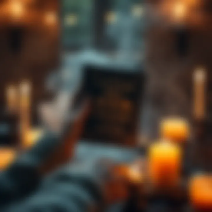 A person holding the Little Big Book of White Spells, surrounded by candles and crystals, creating a mystical atmosphere.