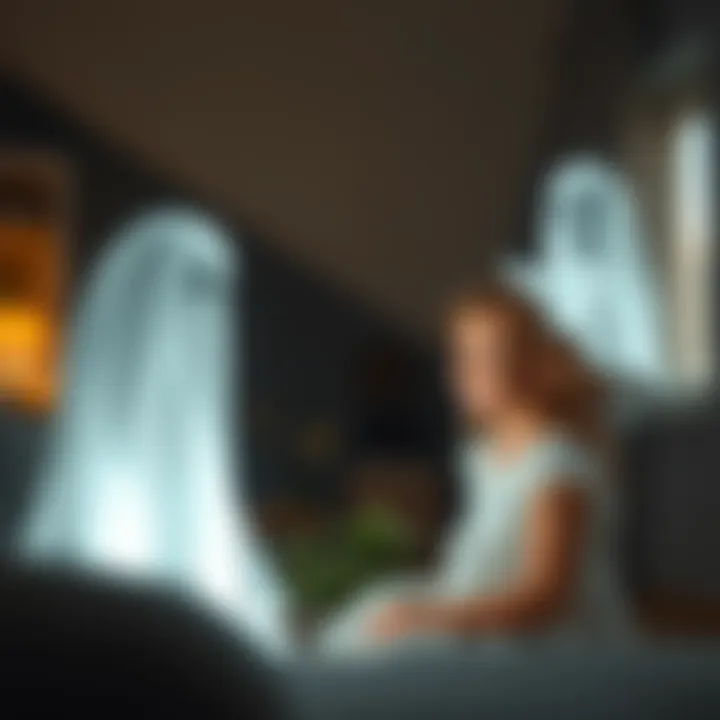 Little girl talking to a ghost A three-year-old girl appears to be speaking to a friendly ghost in a cozy living room setting, with a smile on her face and a soft glow around the ghostly figure.