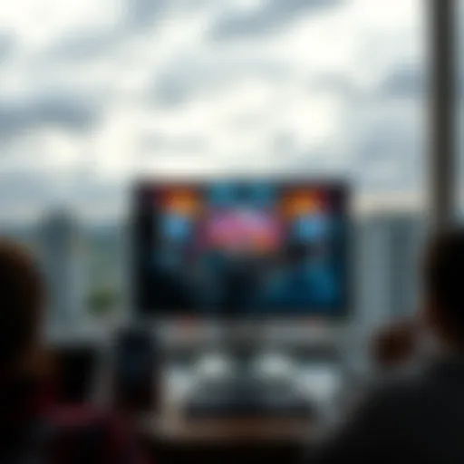 A computer screen showing a vibrant live event with people engaging while overcast weather is visible outside the window