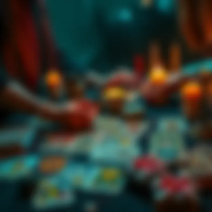 A person giving a Tarot card reading with colorful cards spread on a table and candles lit around them.
