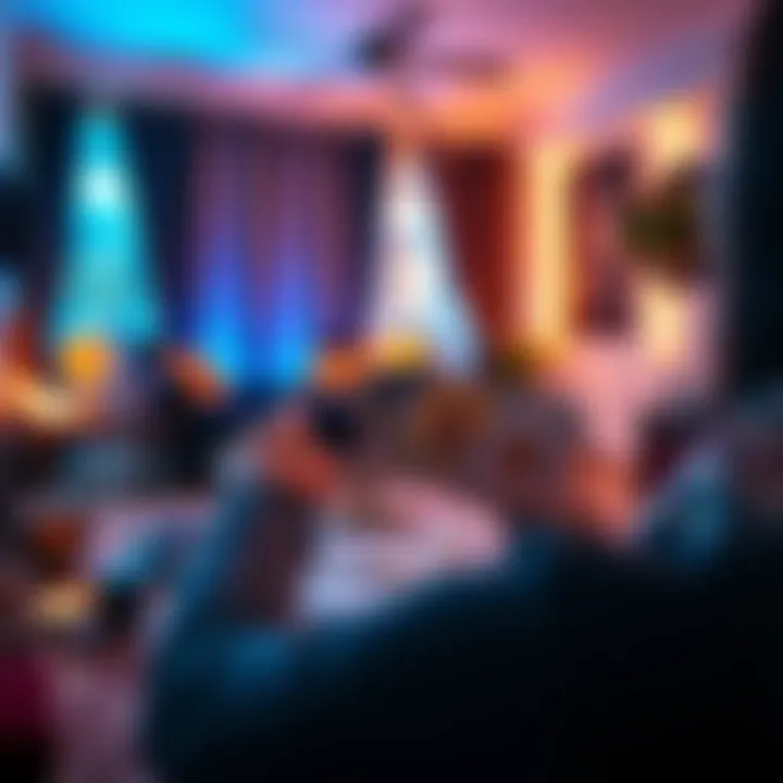 A cozy room with a person holding tarot cards in front of a laptop, ready for a live video reading.