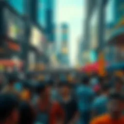 A vibrant crowd enjoying a festival in an urban setting, showcasing diverse people and festive atmosphere