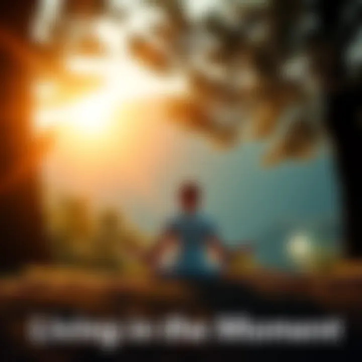 A serene scene showing a person meditating in nature, surrounded by trees and sunlight, symbolizing peace and mindfulness.