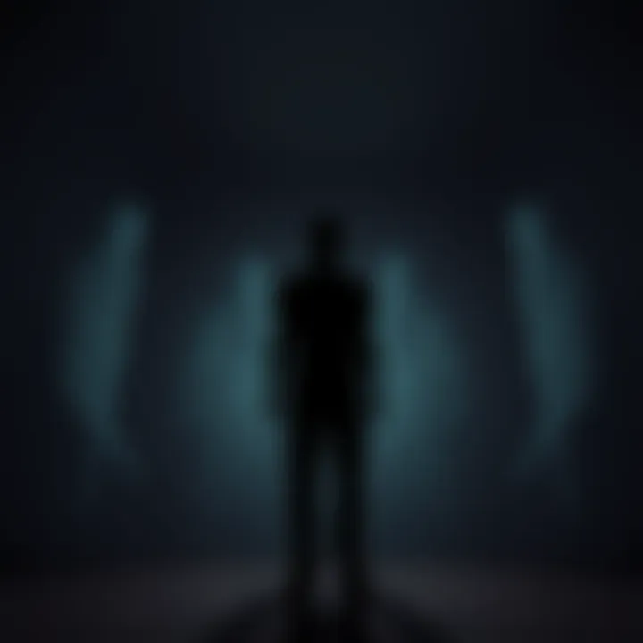 A person stands in a dimly lit room, surrounded by translucent ghostly shadows that look friendly rather than threatening.