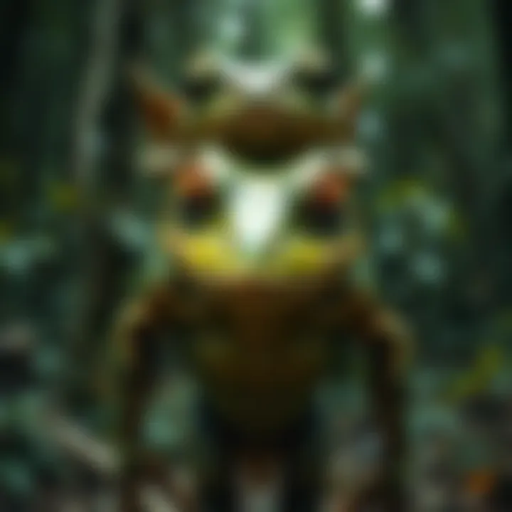 A creature resembling a lizard and frog stands in a wooded area, looking menacing. The creature has greenish skin and bulging eyes, creating a tense atmosphere.