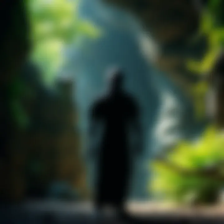 Lizard Man in Son Dong Cave A shadowy figure resembling a lizard man standing at the entrance of Son Dong Cave, surrounded by lush greenery and rock formations.
