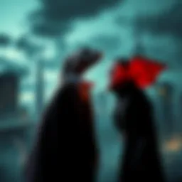 A lizard person and a vampire standing together, with shadows and a city skyline in the background, hinting at an alliance or conflict.