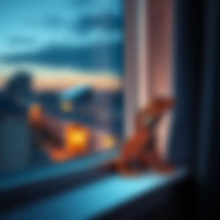 A curious lizard sits on a windowsill, gazing outside, in a serene setting with a hint of twilight