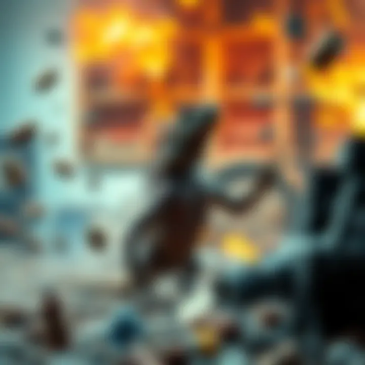 A lizard appears to be exploding objects in a chaotic scene, hinting at conspiracy theories about government influences.