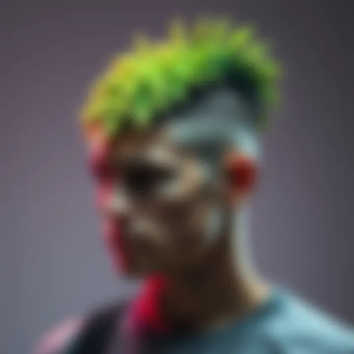 A person showcasing a unique haircut styled to resemble a lizard, featuring green and textured hair.