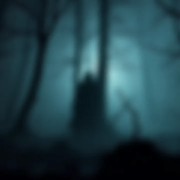 A shadowy figure resembling the Lizard Man stands near a dark swamp, surrounded by trees and mist, evoking local legends.