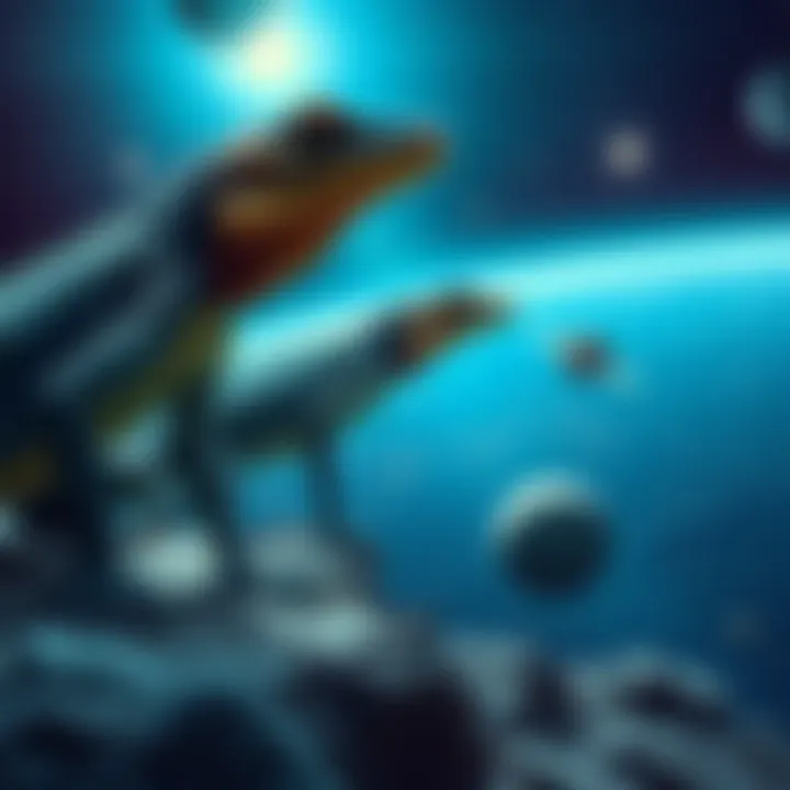 Lizard people overseeing a cosmic landscape with planets and stars