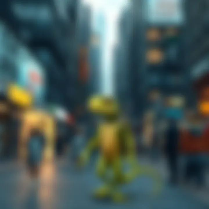 Illustration of a lizard-like figure in a city setting A cartoon lizard person walking through a busy city street, looking confused among everyday people, symbolizing cognitive dissonance.