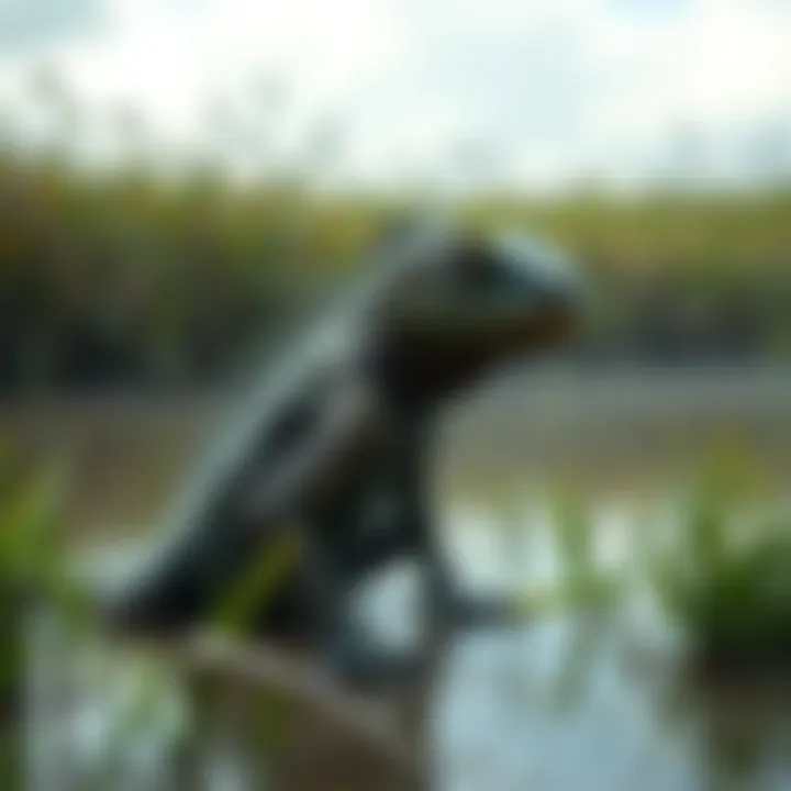 Lizardman in Scape Ore Swamp A humanoid creature resembling a lizard seen in a swampy area with tall grass and murky water.