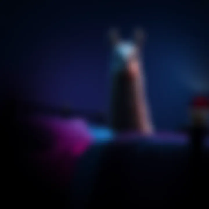 A surreal figure resembling a llama with a human face stands beside a bed in a dimly lit room, evoking a sense of unease.