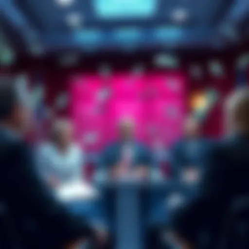 A group of people discussing political funding with money symbols around them.