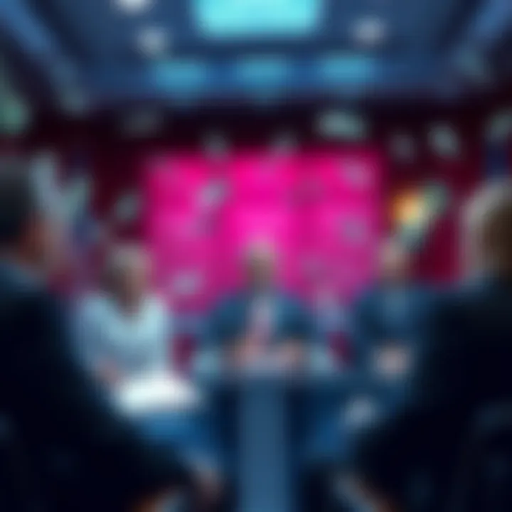 A group of people discussing political funding with money symbols around them.