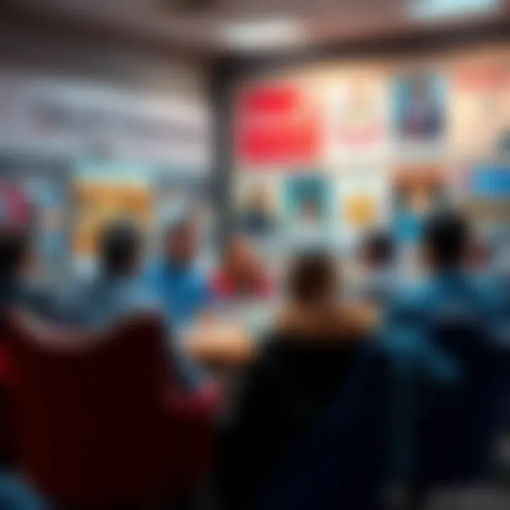 A group of people discussing in a Chamber of Commerce meeting with community business posters in the background