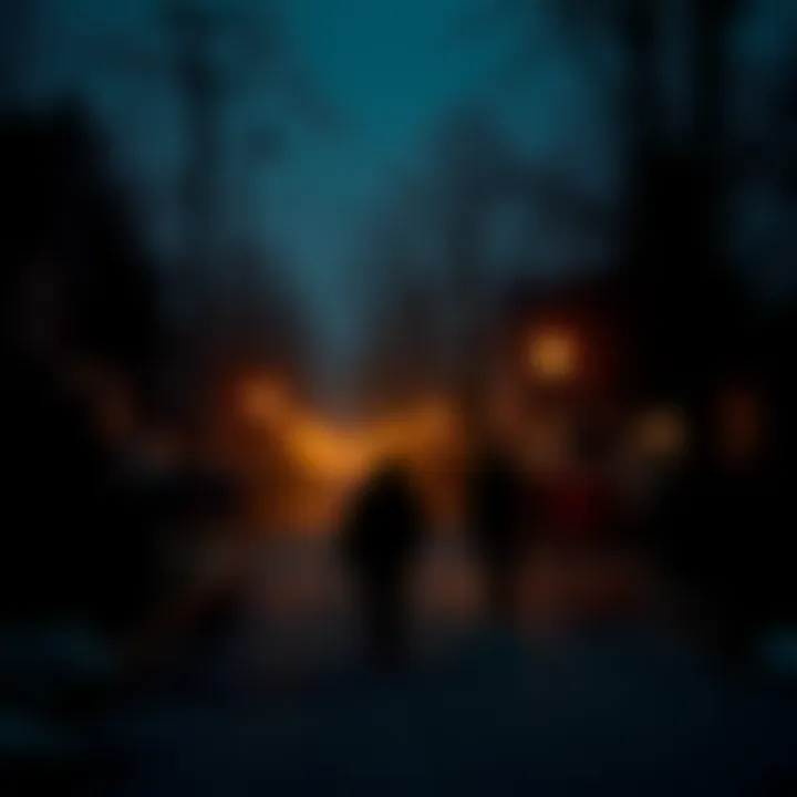 A dark street scene with shadowy figures and flickering streetlights, creating an eerie atmosphere in a quiet neighborhood.