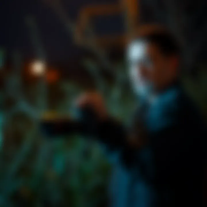 A local man holding a camera in a dimly lit area, capturing small strange creatures hiding behind bushes, as described by locals.