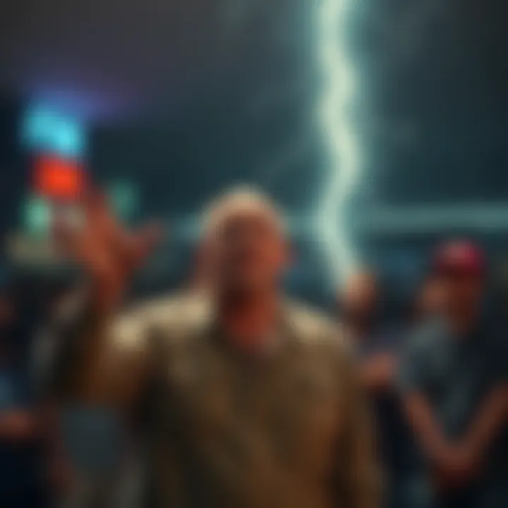 A local man stands in front of a crowd, appearing confused and distressed as he gestures towards an invisible rift in the air, with onlookers watching in disbelief.