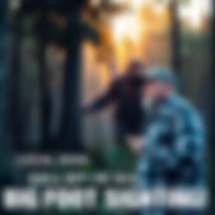 A local man stands in the woods looking surprised while pointing towards a large, hairy figure partially hidden behind trees, suggesting a Big Foot sighting.