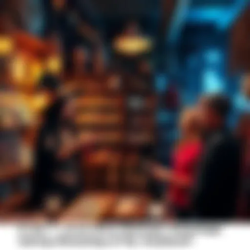 Local Witch Store Owner Offering Tarot Reading A woman dressed as a witch stands in a store surrounded by tarot cards and crystals, discussing reading opportunities with a couple.