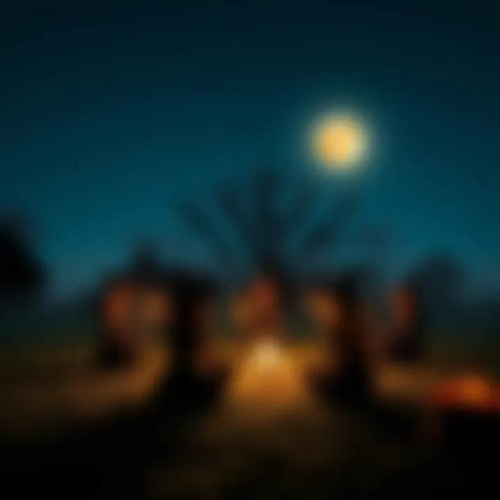 A group of witches in a circle practicing rituals outdoors under the moonlight in Charlotte, NC