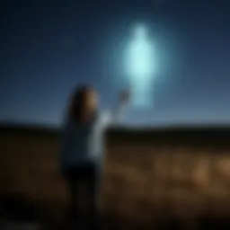 A woman stands in a field at night, pointing towards a strange shimmering figure in the sky, with stars twinkling around her.