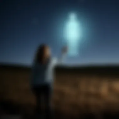 Local Woman Spotting Alien A woman stands in a field at night, pointing towards a strange shimmering figure in the sky, with stars twinkling around her.