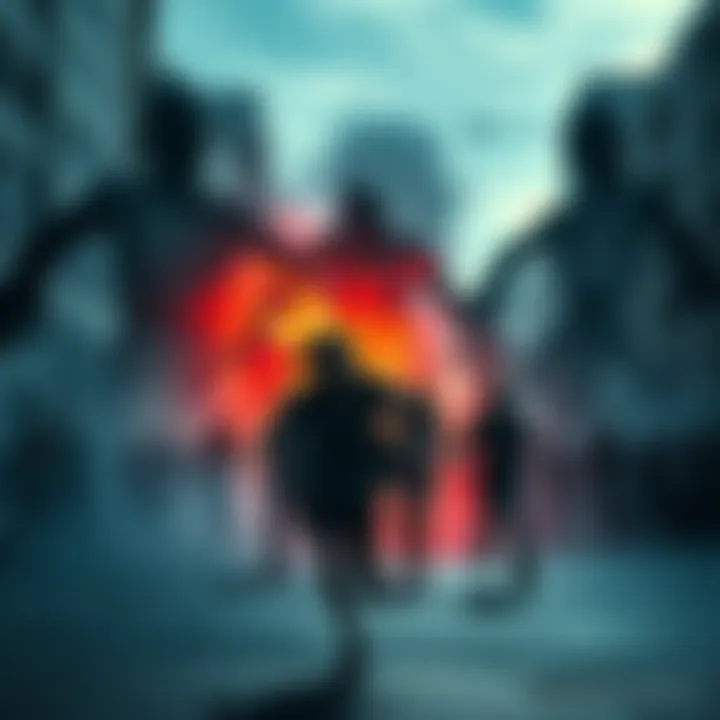 Local Zombie Apocalypse Scene A chaotic scene depicting a zombie attack with people running in a city environment, highlighting the struggle for survival among shadows of looming zombies in the background.