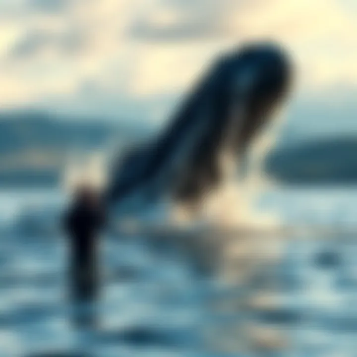 A large creature splashes in Loch Ness, with curious onlookers documenting the event in daylight.