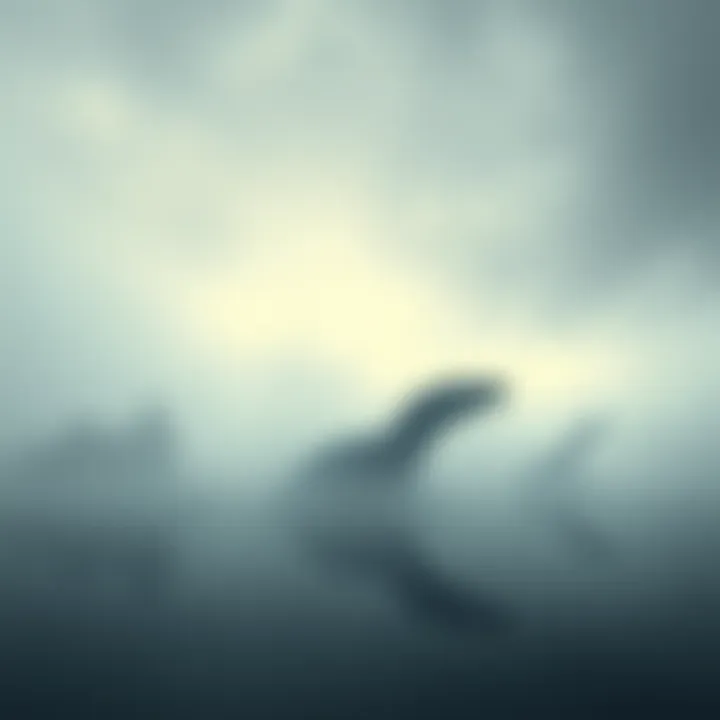 A misty Loch Ness with a ghostly image of a plesiosaur emerging from the water, surrounded by fog and trees.
