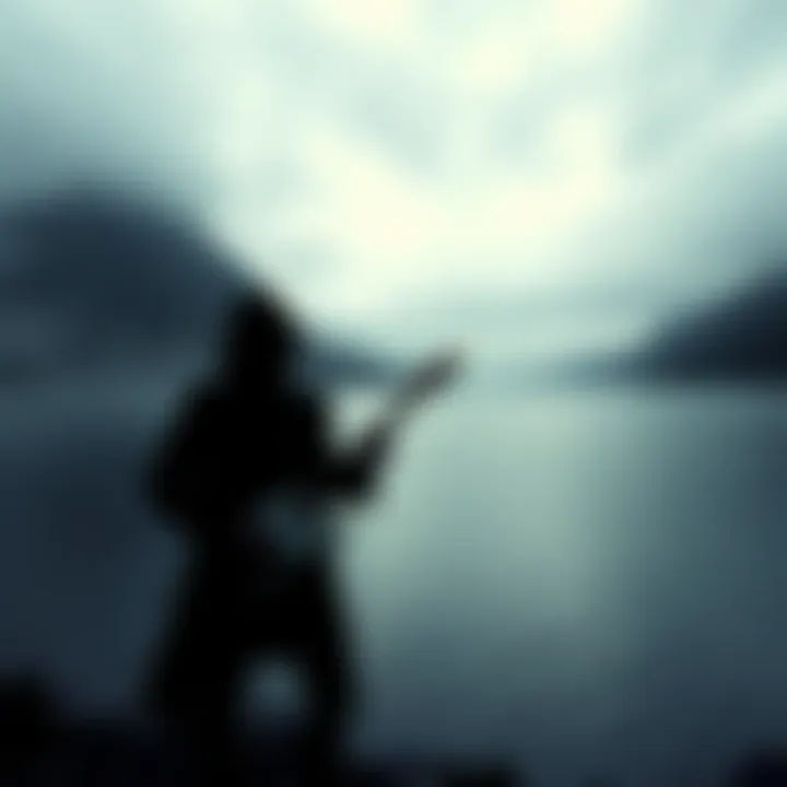 A dark and misty view of Loch Ness with a shadowy figure of a musician holding a guitar in the foreground, hinting at the connection to Led Zeppelin and Aleister Crowley.