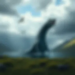 A depiction of a large, serpent-like creature rising from the water in Loch Ness, surrounded by green hills and a cloudy sky.