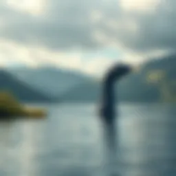 A depiction of the Loch Ness monster emerging from the water in a Scottish lake, surrounded by lush greenery and hills.