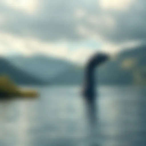 Loch Ness Monster in Lake A depiction of the Loch Ness monster emerging from the water in a Scottish lake, surrounded by lush greenery and hills.