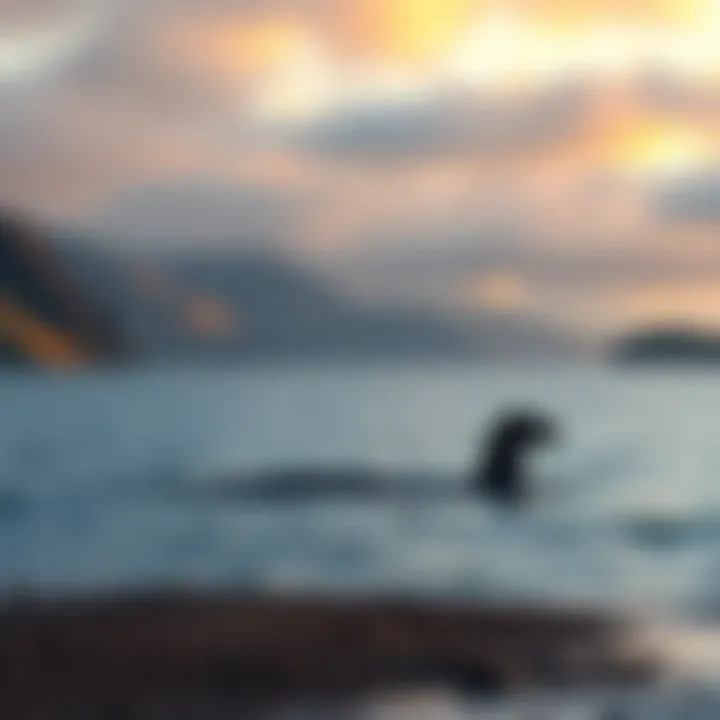 A scenic view of Loch Ness with a shadowy figure in the water resembling the Loch Ness Monster