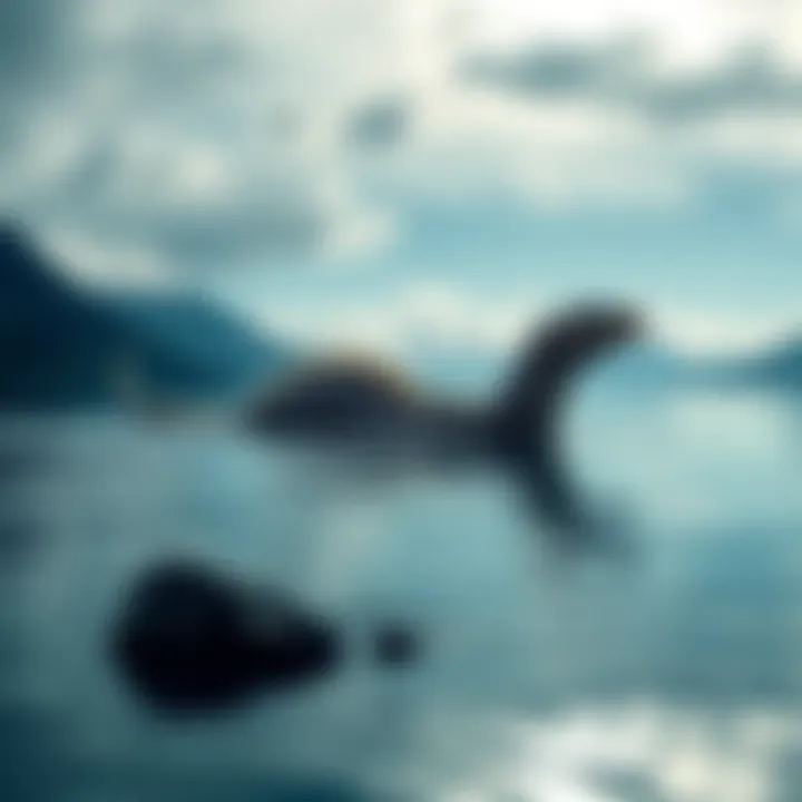 A large, serpentine creature swimming in Loch Ness surrounded by water and mountains.