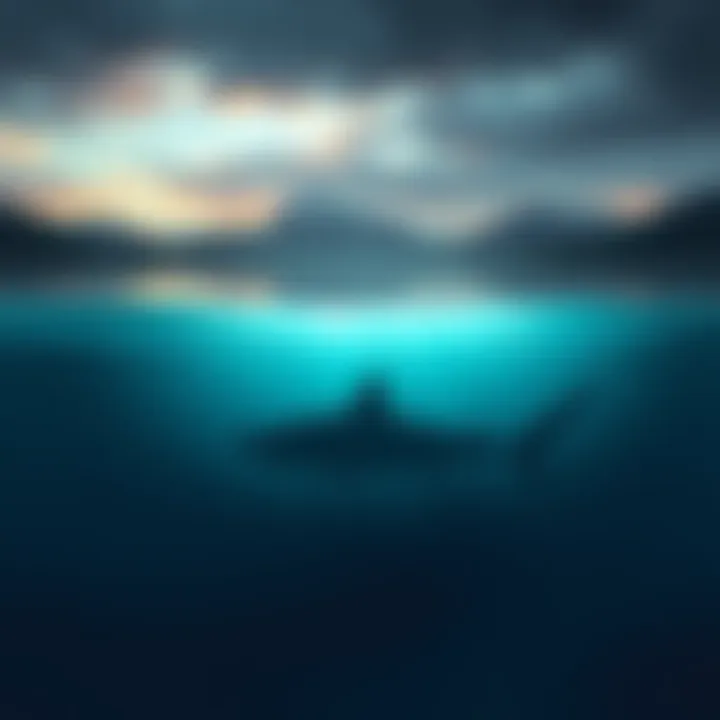 A captivating illustration of Loch Ness with a silhouette resembling a Greenland shark beneath the water's surface.