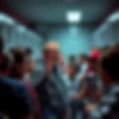 A forum user expresses their opinion about locker room policies, surrounded by a crowd discussing the topic.