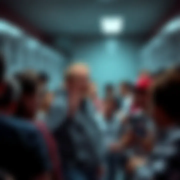 A forum user expresses their opinion about locker room policies, surrounded by a crowd discussing the topic.